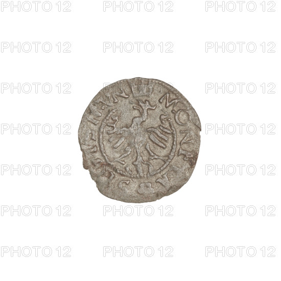 Crown coin of Sigismund I the Old (King of Poland; reign 1506–1548). Obverse: Polish eagle with a crown; rim inscription divided by an eagle's crown at top and a rosette at bottom: 'MONETA SIGISMVN'. Reverse: shield with a double cross; on the sides letters 'SP', date 1546, Kraków. Weight: 0.42 g.