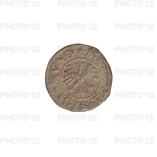 Crown coin of Sigismund I the Old (King of Poland; 1506–1548). Obverse: Polish crowned eagle with inscription in the rim divided by the eagle's crown at top and a rosette at bottom: MONETA SIGISMVN. Reverse: Shield with a double cross; on the sides the letters SP, date 1506–1548, Kraków. Features eagles, crowns, coats of arms, claws, wings. Weight 0.52 g.