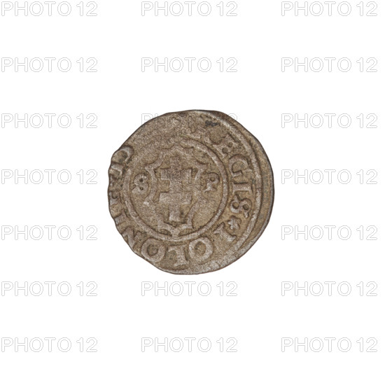 Crown coin of Sigismund I the Old (King of Poland; 1506–1548). Obverse: Polish crowned eagle; rim inscription divided by the eagle's crown at top and a rosette at bottom: 'MONETA SIGISMVN'. Reverse: shield with a double cross; letters 'SP' on the sides. Date: 1506–1548. Mint: Kraków, Poland. Weight: 0.52 g.