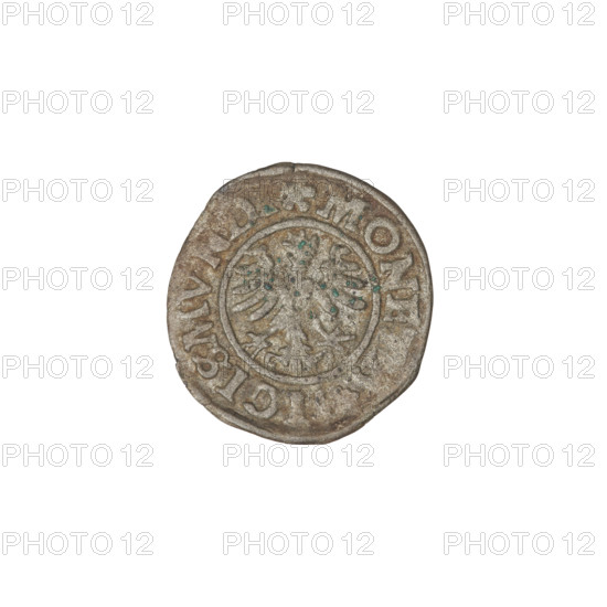 Crown coin of Sigismund I the Old (King of Poland; reign 1506–1548). Obverse: Polish crowned eagle; rim inscription divided by an eagle’s crown at top and a rosette at bottom: MONETA SIGISMVN. Reverse: shield with a double cross; letters 'SP' on the sides. Date: 1527, Kraków, Poland. Weight: 0.53 g.
