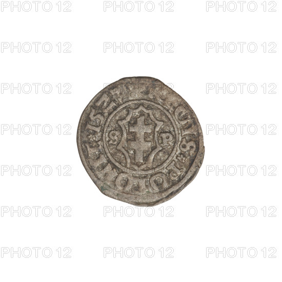 Crown coin of Sigismund I the Old (King of Poland; reign 1506–1548). Obverse: crowned Polish eagle; rim inscription divided by an eagle's crown at top and a rosette at bottom: MONETA SIGISMVN. Reverse: shield with a double cross; letters SP flanking, date 1527. Minted in Kraków, Poland. Weight 0.53 g.