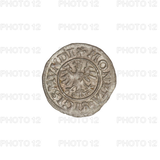 Crown coin of Sigismund I the Old (King of Poland; reign 1506–1548). Obverse: Polish crowned eagle; rim inscription divided by an eagle's crown at top and a rosette at bottom: MONETA SIGISMVN. Reverse: shield with a double cross; letters 'SP' on the sides, date 1527, Kraków, Poland. Weight: 0.60 g.