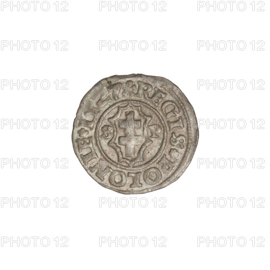 Crown coin, Sigismund I the Old (King of Poland; reign 1506–1548). Obverse: Polish crowned eagle; rim inscription divided by an eagle's crown at top and a rosette at bottom: MONETA SIGISMVN. Reverse: shield with a double cross; letters SP on the sides; dated 1527, Kraków, Poland. Coin with crowns, eagles, coats of arms, claws, wings. Weight: 0.60 g.