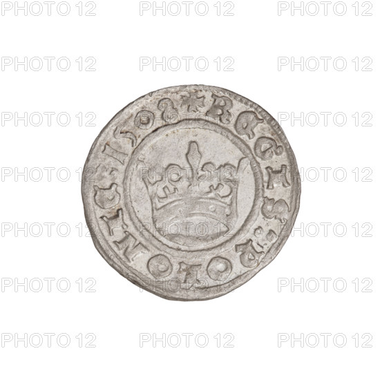 Crown half-grosz, Sigismund I the Old (King of Poland; 1506–1548). Obverse: Polish crowned eagle, head turned left, talons at bottom; inscription in rim. Reverse: Crown facing forward; inscription in rim; date 1508. Coin; Poland; 19.2 x 18.5 mm; weight 1.04 g.