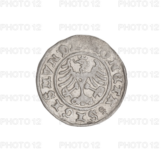 Crown half-grosz, Sigismund I the Old (King of Poland; 1506–1548). Obverse: Polish eagle with a crown, head turned left, talons at the bottom; inscription in the rim. Reverse: Crown straight ahead; inscription in the rim. Silver coin, 18.9 × 18.5 mm, weight 0.94 g, Poland, 1506–1548.