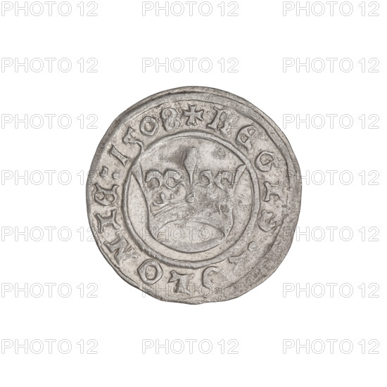 Crown half-grosz, Sigismund I the Old (King of Poland; 1506–1548); obverse: Polish eagle with a crown, head turned left, talons at the bottom, inscription in the rim; reverse: crown facing forward, inscription in the rim. Coin, Poland, 1506–1548. Dimensions: 18.9 × 18.5 mm; weight 0.94 g.