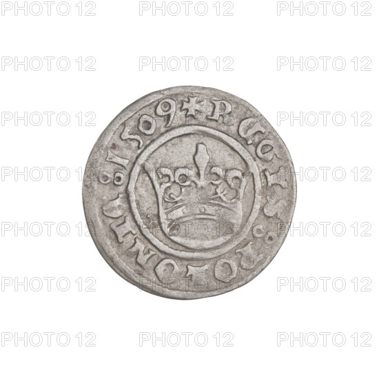 Crown half-grosz, Sigismund I the Old (King of Poland; 1506–1548). Obverse: Polish crowned eagle facing left, talons at the bottom; rim inscription. Reverse: crown at center; rim inscription; dated 1509. Coin from Poland; weight 0.86 g. Materials not specified.