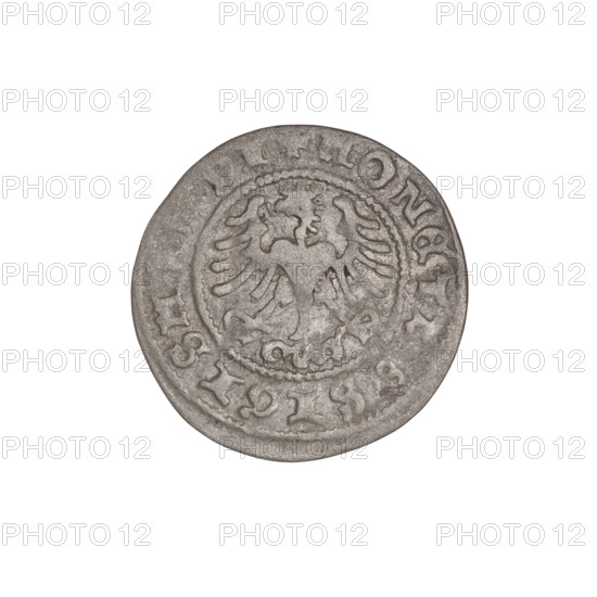 Crown half-grosz, Sigismund I the Old (King of Poland; 1506–1548). Obverse: Polish eagle with a crown, head turned left, talons at the bottom; inscription in the rim. Reverse: Crown straight ahead; inscription in the rim. Date: 1509. Poland. Coin, weight 0.90 g. Designs include talons, eagles, crowns, wings.