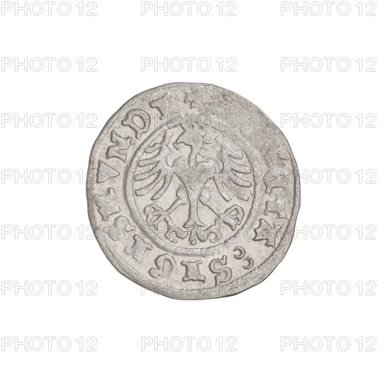 Crown half-grosz, Sigismund I the Old (King of Poland; 1506–1548). Obverse: Polish crowned eagle with head turned left, talons at the bottom; inscription in the rim. Reverse: crowned crown facing forward; inscription in the rim. Date: 1509. Poland. Coin, weight 1.01 g. Symbols: eagles, talons, crowns, wings.