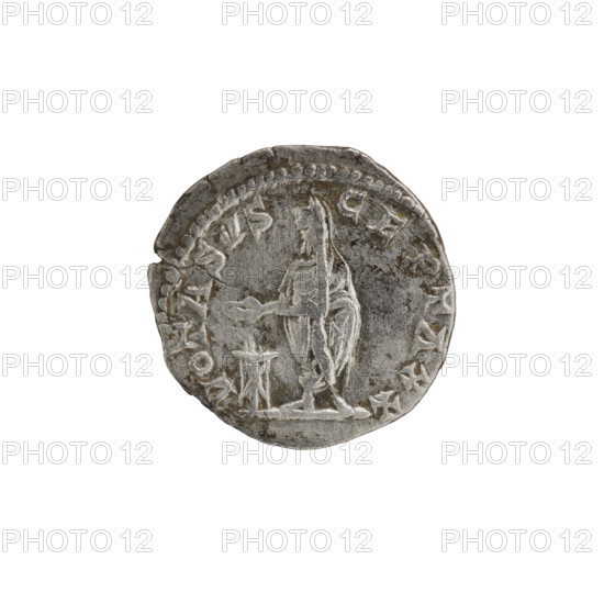 Denarius, standing emperor (iconographic), tripod (iconographic). Septimius Severus (Roman emperor; 146–211) — iconography. Obverse: SEVERVS PIVS AVG — Head of Septimius Severus with laurel wreath facing right; pearl rim. Reverse: VOT A S V S? CE PT A XX — The emperor in priestly attire stands straight with his head turned to the left; in his right hand he holds a patera over a burning tripod, in his left hand a scroll; pearl rim. Date: 201–210. Roman Empire (27 BC–476). Rome. Coin. Diameter: 18.0–18.5 mm. Weight: 2.51 g.