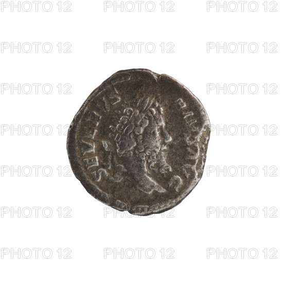 Denarius showing standing emperor and tripod iconography. Obverse: SEVERVS PIVS AVG — head of Septimius Severus with laurel wreath facing right, pearl rim. Reverse: VOTAS V SCEPT A XX — the emperor in priestly attire stands straight with his head turned left, holding a patera over a burning tripod in his right hand and a scroll in his left, pearl rim. Septimius Severus (Roman emperor, 146–211). Date: 201–210. Roman Empire. Rome. Coin. Diameter 18.0–18.5 mm. Weight 2.65 g.