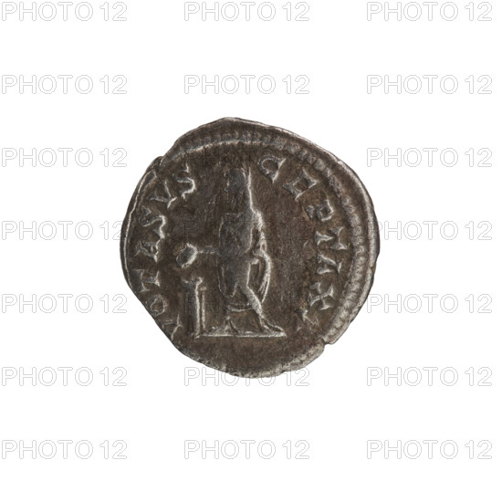 Denarius; obverse: head of Septimius Severus with laurel wreath facing right, pearl rim, inscription SEVERVS PIVS AVG. Reverse: the emperor in priestly attire stands upright with head turned left, holding a patera in his right hand over a burning tripod and a scroll in his left, pearl rim, inscription VOTA SVSCEPTA XX. Date: 201–210. Material: Roman silver coin (denarius). Diameter: ~18.0–18.5 mm. Weight: 2.65 g.