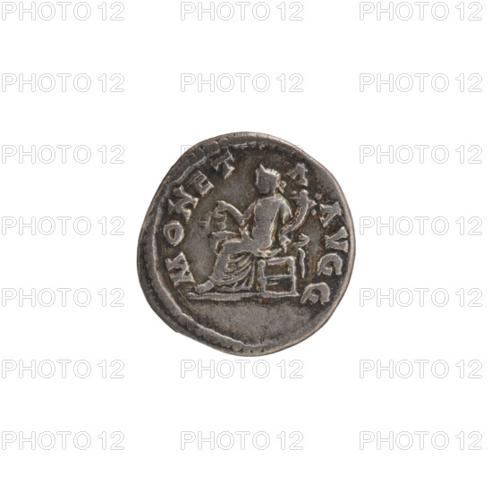 Denarius, Roman Empire, Septimius Severus (Roman emperor; 146–211) — iconography: Juno Moneta (mythology). Obverse: L·SEPT·SEV·AVG·IMP·XI·P·ART·MAX — Head of Septimius Severus in a laurel wreath facing right, pearl rim. Reverse: MONET A AVGG — Coin seated facing left, holding scales in right hand and cornucopia in left, pearl rim. Date: 198–202. Materials/function: coin; diameter 17.9 mm; weight 2.90 g.