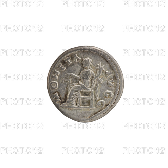 Denarius, Roman Empire, Septimius Severus (Roman emperor; 146–211) — iconography: Juno Moneta (personification). Obv.: L SEPTSEVAVGIMPXIPARTMAX — Head of Septimius Severus in a laurel wreath facing right, pearl rim. Rev.: MONETA AVGG — Coin seated facing left, holding scales in the right hand, cornucopia in the left, pearl rim. Date: 198–202. Culture: Roman Empire (27 BC–476). Medium: coin. Dimensions: diameter 17.5–18.0 mm; weight 3.20 g.
