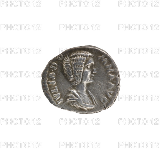 denarius, Julia Domna (ca. 160–217; Roman empress 193–211), Roman Empire — iconography: Venus (mythology); Standing Venus. Obv.: IVLIA DOMNA AVG. Bust of Julia Domna facing right, pearl border. Rev.: VENE CTR. Venus, bare below the waist, stands with her back turned to the right, holding an apple in her right hand and a palm leaf in her left, leaning against a column, pearl border. Date: 193–196. Medium: coin (Roman). Diameter: 16.0–17.5 mm. Weight: 3.22 g.