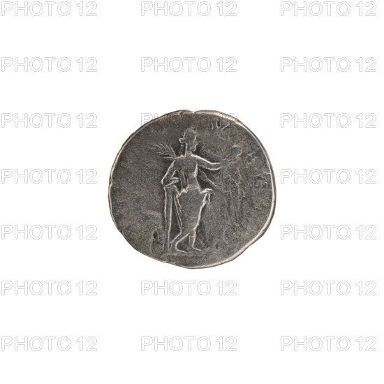 Denarius, Julia Domna (ca. 160–217; Roman empress 193–211), Roman Empire. Obverse: IVLIA DOMNA AVG — bust of Julia Domna facing right. Reverse: VICT — Venus, bare below the waist, stands with her back turned to the right, holding an apple in her right hand and a palm leaf in her left, leaning against a column. Standing Venus iconography. Date: 193–196. Coin (Rome), diameter 16.0–17.0 mm, weight 2.75 g.