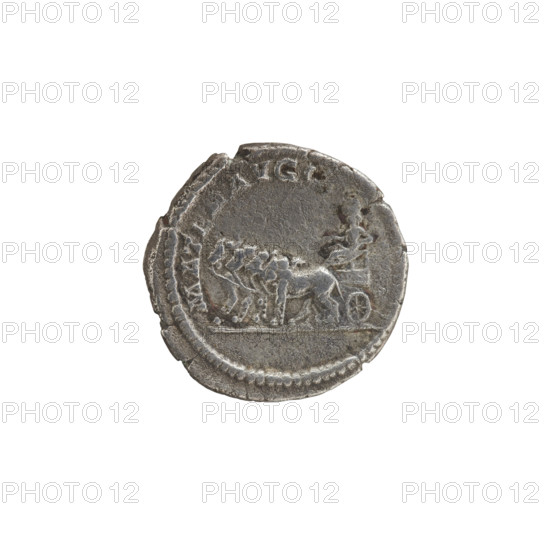 Denarius of Julia Domna (ca. 160–217). Obverse: IVLIA AVGVSTA — bust of Julia facing right, pearl border. Reverse: MATER AVGG — Cybele seated on a chariot drawn by four lions facing left, pearl border. Roman Empire, 198–209. Coin; diameter 18.0–18.5 mm, weight 2.75 g.