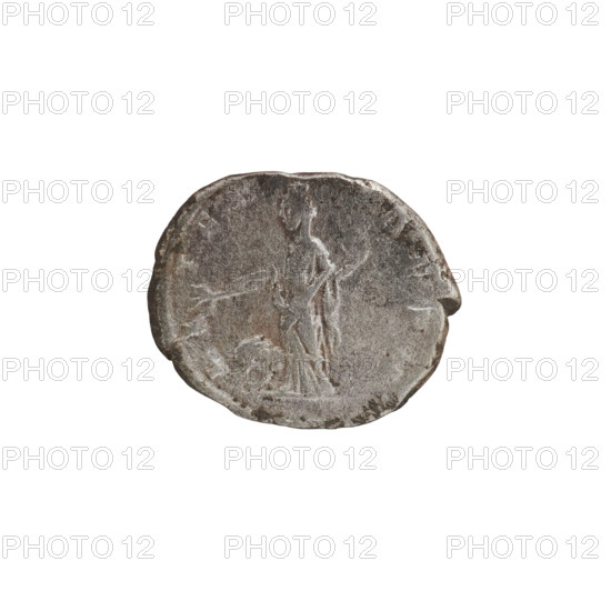 Denarius, Julia Domna (ca. 160–217; Roman empress 193–211), Roman Empire. Obv.: IVLIA AVGVSTA — Bust of Julia facing right, pearl border. Rev.: MATER AVGG — Cybele stands straight with her head turned left, holding a branch in her right hand and a tympanum in her left; a lion at her feet, pearl border. Cybele sitting between two lions; Cybele (mythology); Julia Domna — iconography. Date: 198–209. Type: coin (Rome). Diameter: 16.5–20.0 mm. Weight: 3.20 g.