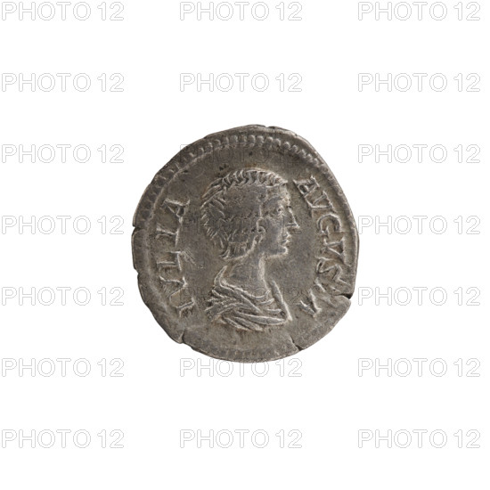 Denarius, Julia Domna (ca. 160–217; Roman empress 193–211), Roman Empire. Obverse: IVLIA AVGVSTA — bust of Julia facing right, pearl border. Reverse: MATER DEVM — Cybele sitting on a throne facing left, holding a branch in her right hand, resting her left hand on the tympanum and holding a scepter, with lions on both sides facing left, pearl border. Date: 198–209. Place: Rome. Object type: coin. Diameter: 18.4 mm; weight: 3.26 g.