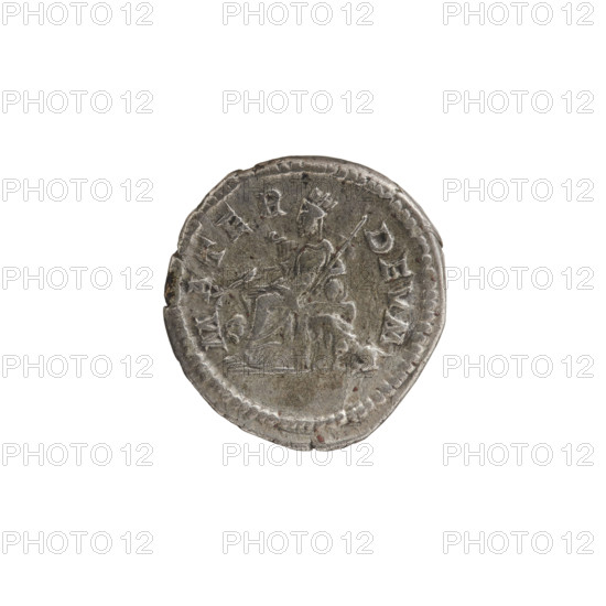 Denarius, Julia Domna (ca. 160–217; Roman empress 193–211), Roman Empire. Obverse: IVLIA AVGVSTA — bust of Julia facing right, pearl border. Reverse: MATER DEVM — Cybele sitting on a throne facing left, holding a branch in her right hand, resting her left hand on the tympanum and holding a scepter; lions on both sides facing left, pearl border. Date: 198–209. Rome. Coin; diameter 18.4 mm; weight 3.26 g.