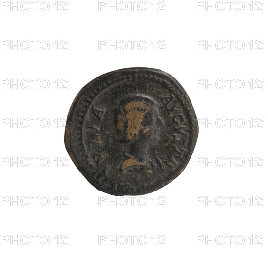 Denarius (anima?), Julia Domna (ca. 160–217; Roman empress 193–211). Obverse: IVLIA AVGVSTA — bust of Julia facing right, pearl border. Reverse: MATER DEVM — Cybele seated on a throne facing left, holding a branch in her right hand, resting her left hand on a tympanum and holding a scepter, lions seated on either side of the throne, pearl border. Date: 198–209. Roman Empire (27 BC–476), Rome. Coin: diameter 18.5–19.5 mm, weight 3.35 g.