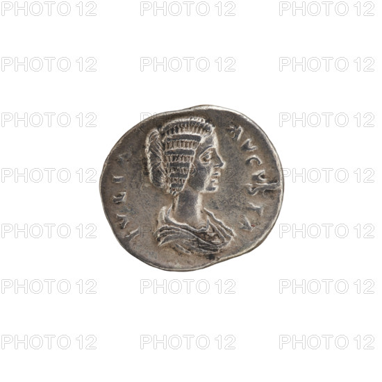 denarius, Julia Domna (ca. 160–217; Roman empress 193–211), Roman Empire; Julia Domna — iconography; Diana (mythology). Obv.: IVLIA AVGVSTA Bust of Julia facing right, pearl border. Rev.: DIANA LVCIFERA Diana with a crescent on her shoulders, standing left, holding a torch with both hands, pearl border. Date: 198–209. Place: Rome. Object type: coin. Material: Roman denarius. Diameter: 17.0 mm; 19.5 mm. Weight: 3.05 g.