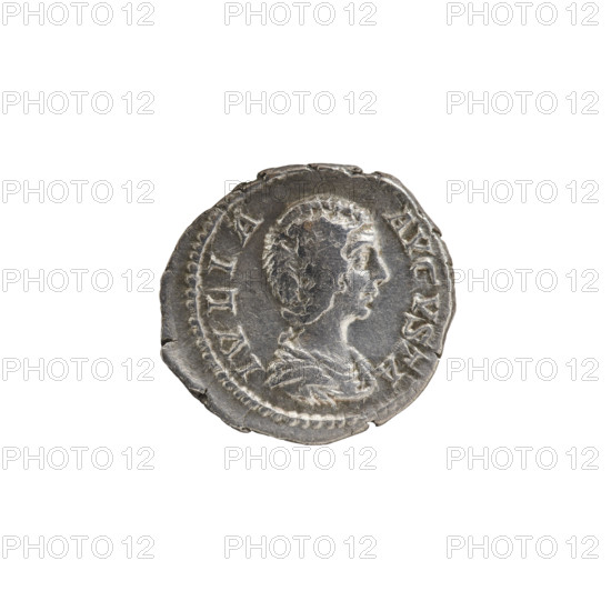 Denarius, Julia Domna (ca. 160–217; Roman empress 193–211). Obverse: IVLIA AVGVSTA — bust of Julia facing right, pearl border. Reverse: FELICITAS — Felicitas standing left, holding a caduceus in her right hand and a long scepter in her left, pearl border. Iconography: Julia Domna, Felicitas (personification), caduceus. Date: 198–209. Roman Empire (27 BC–476). Coin. Diameter: 18.0–19.0 mm. Weight: 3.25 g.
