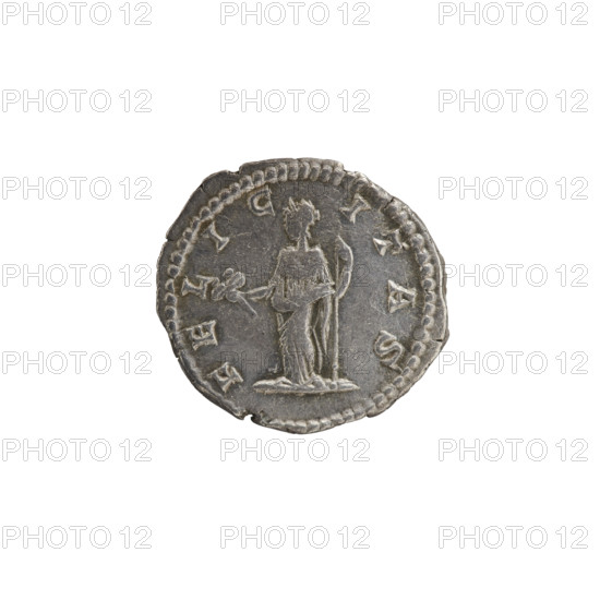 Denarius of Julia Domna (ca. 160–217), Roman empress (193–211). Obverse: IVLIA AVGVSTA — bust of Julia facing right, pearl border. Reverse: FELICITAS — Felicitas standing left, holding a caduceus in her right hand and a long scepter in her left, pearl border. Date: 198–209. Roman Empire. Coin. Diameter: 18.0–19.0 mm. Weight: 3.25 g.