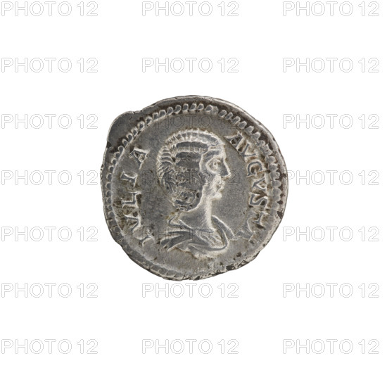 denarius, Julia Domna (ca. 160–217; Roman empress 193–211), Roman Empire; Julia Domna — iconography; Fortuna (personification) standing. Obv.: IVLIA AVGVSTA Bust of Julia facing right, pearl border. Rev.: FORTVNAE FELICI Fortuna stands frontally, head turned left, holding a cornucopia in her right hand, resting her left hand on a rudder, pearl border. Date: 198–209. Culture: Roman Empire (27 BC–476). Place: Rome. Object type: coin (denarius). Diameter: 19.0–20.0 mm. Weight: 3.10 g.