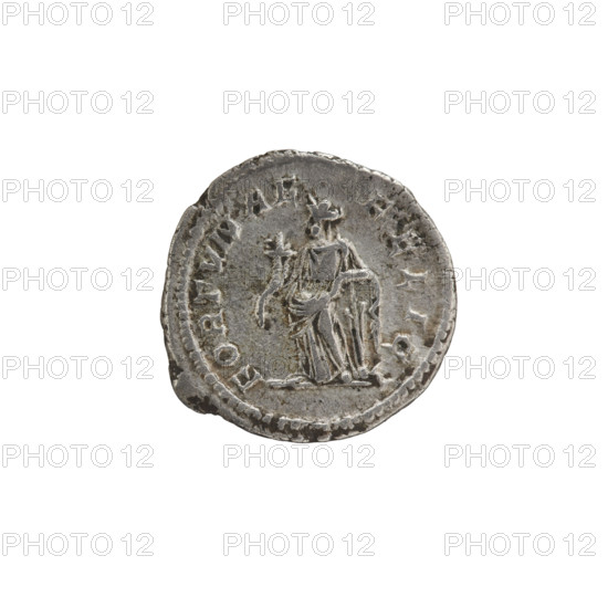 denarius, Julia Domna (ca. 160–217; Roman empress 193–211), Roman Empire; iconography: Julia Domna (Roman empress; 193–217), Fortuna (personification) — Fortuna standing. Obv.: IVLIA AVGVSTA, bust of Julia facing right, pearl border. Rev.: FORTVNAE FELICI, Fortuna stands frontally, head turned left, holding a cornucopia in her right hand and resting her left hand on a rudder, pearl border. Date: 198–209. Culture: Roman Empire (27 BC–476). Object type: coin (denarius). Diameter: 19.0–20.0 mm. Weight: 3.10 g.