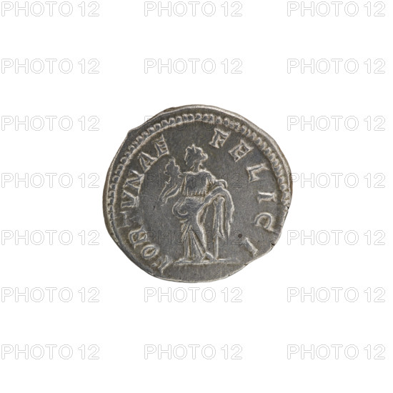 Denarius, Julia Domna (ca. 160–217; Roman empress 193–211), Roman Empire. Obverse: IVLIA AVGVSTA — bust of Julia facing right, pearl border. Reverse: FORTVNAE FELICI — Fortuna standing left, holding a cornucopia in her right hand and resting her left on a rudder, pearl border. Fortuna iconography. Date: 198–209. Coin. Diameter: 17.5–19.0 mm. Weight: 2.88 g.