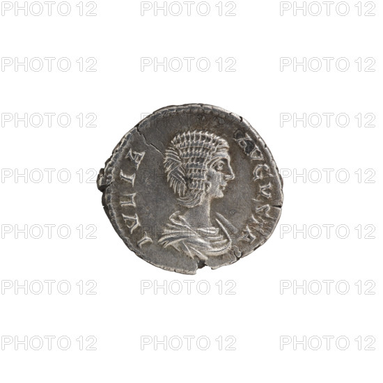 denarius, Julia Domna (ca. 160–217; Roman empress 193–211), Roman Empire; Obv.: IVLIA AVGVSTA — Bust of Julia facing right, pearl rim. Rev.: FORTVNAE FELICI — Fortuna seated on a throne facing left, holding a cornucopia in her right hand, a rudder resting on a sphere in her left, pearl rim. Date: 198–209. Rome. Coin. Diameter 18.0–18.5 mm; weight 3.08 g.