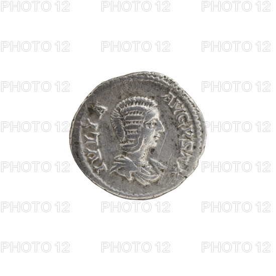denarius, Julia Domna (ca. 160–217; Roman empress 193–211). Obv.: IVLIA AVGVSTA — bust of Julia facing right, pearl border. Rev.: FORTVNAE FELICI — Fortuna stands frontally, head turned left, holding a cornucopia in her right hand and resting her left hand on a rudder, pearl border. Roman Empire, 198–209. Coin; diameter 18.5–19.5 mm, weight 3.05 g.