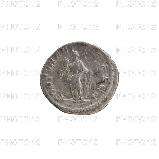 denarius, Julia Domna (ca. 160–217; Roman empress 193–211); Roman Empire. Julia Domna — iconography; Fortuna (personification) — Fortuna standing. Obv.: IVLIA AVGVSTA, bust of Julia facing right, pearl border. Rev.: FORTVNAE FELICI, Fortuna stands frontally, head turned left, holding a cornucopia in her right hand, resting her left hand on a rudder, pearl border. Date: 198–209. Coin, Rome; diameter 18.5–19.5 mm; weight 3.05 g.