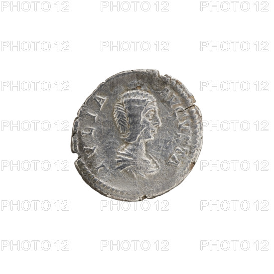 Denarius of Julia Domna (ca. 160–217), Roman empress (193–211). Obverse: Bust of Julia facing right, pearl border, inscription IVLIA AVGVSTA. Reverse: FORTVNAE FELICI — Fortuna seated half-naked to the left, holding a cornucopia in her right hand and a rudder resting on a sphere in her left; in front of her a small nude figure stretching out its hands, pearl border. Date: 198–209. Medium: Roman silver coin; diameter 18.5 mm, weight 2.62 g.