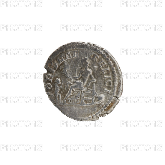Denarius of Julia Domna (ca. 160–217), Roman empress (193–211). Obverse: Bust of Julia facing right, pearl border, inscription 'IVLIA AVGVSTA.' Reverse: FORTVNAE FELICI; Fortuna seated half-naked to the left, holding a cornucopia in her right hand, a rudder resting on a sphere in her left; in front of her a small nude figure stretching out its hands; pearl border. Circa 198–209. Roman Empire, Rome. Coin; diameter 18.5 mm, weight 2.62 g.