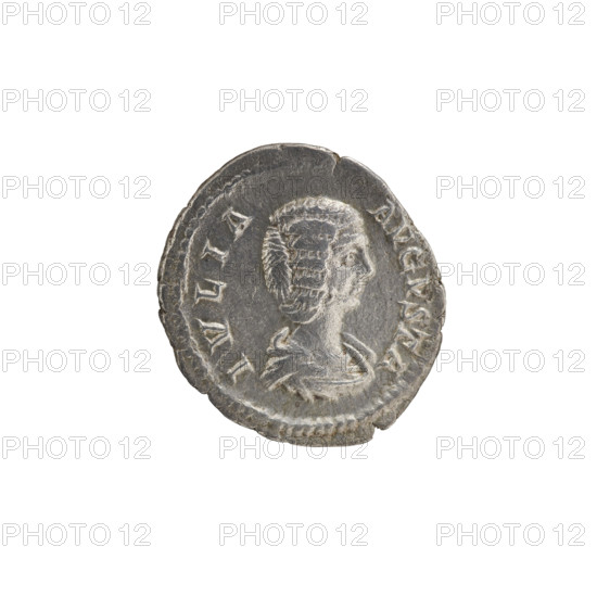Denarius, Julia Domna (ca. 160–217; Roman empress 193–211). Obv.: IVLIA AVGVSTA — bust of Julia facing right, pearl border. Rev.: FORTVNAE FELICI — Fortuna seated half-naked to the left, holding a cornucopia in her right hand and a rudder resting on a sphere in her left; in front of her a small nude child stretching out its hands, pearl border. Iconography: Fortuna. Date: 198–209. Roman Empire (27 BC–476). Coin. Diameter 18.0–20.0 mm; weight 2.78 g.