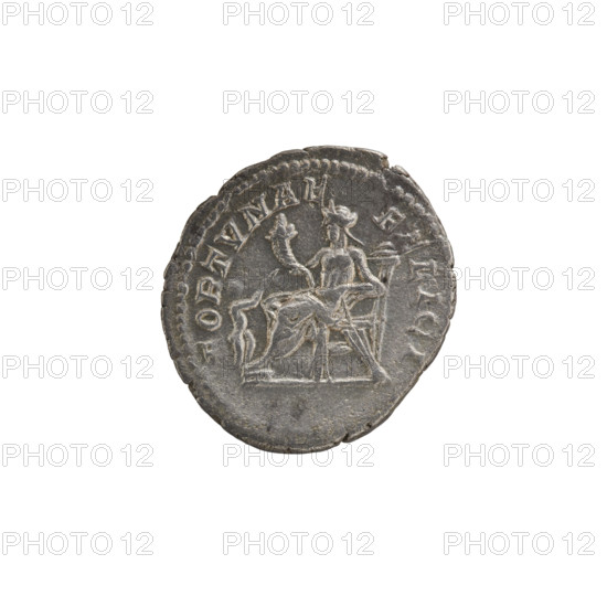 Denarius, Julia Domna (ca. 160–217; Roman empress 193–211). Obverse: Bust of Julia facing right, pearl border, inscription 'IVLIA AVGVSTA'. Reverse (inscription 'FORTVNAE FELICI'): Fortuna seated half-naked to the left, holding a cornucopia in her right hand and a rudder resting on a sphere in her left; in front of her a small nude child stretching out its hands. Iconography: Fortuna. Date: 198–209. Culture: Roman Empire. Medium/function: coin. Diameter: ~18–20 mm. Weight: 2.78 g.