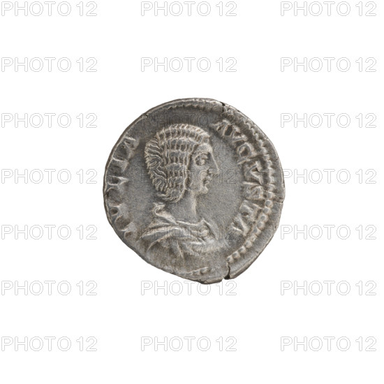 Denarius, Julia Domna (ca. 160–217; Roman empress 193–211). Obv.: IVLIA AVGVSTA — Bust of Julia facing right, pearl border. Rev.: FORTVNAE FELICI — Fortuna seated on a throne facing left, holding a cornucopia in her right hand, a rudder resting on a sphere in her left; in front of her a small naked figure stretching out his hands, pearl border. Iconography: Venus (mythology). Date: 198–209. Roman Empire (27 BC–476), Rome. Coin: dia. 18.0–19.5 mm, weight 3.30 g.