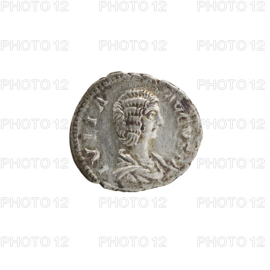 Denarius, Julia Domna (ca. 160–217; Roman empress 193–211). Obverse: Bust of Julia facing right, pearl border, inscription 'IVLIA AVGVSTA'. Reverse: FORTVNAE FELICI — Fortuna seated half-naked to left, holding a cornucopia in her right hand, a rudder resting on a sphere in her left; in front of her a small nude child figure stretching out hands, pearl border. Date: 198–209. Roman Empire. Coin. Diameter 17.5–19.0 mm; weight 3.24 g.