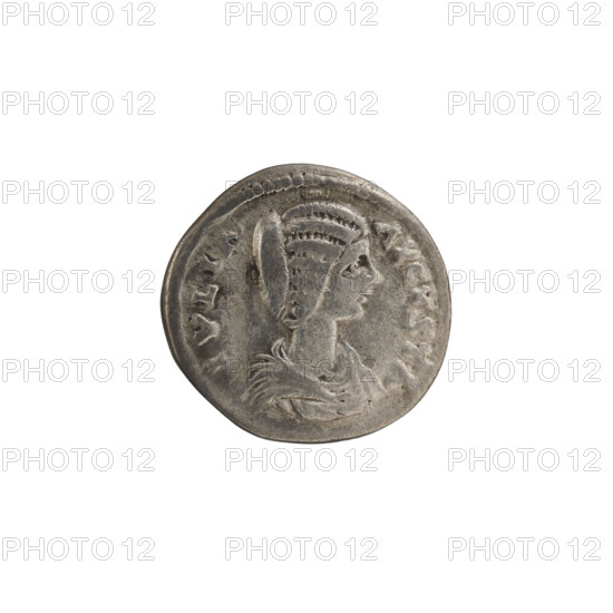 denarius, Julia Domna (ca. 160–217; Roman empress 193–211). Obv.: IVLIA AVGVSTA — bust of Julia facing right, pearl rim. Rev.: HILARITAS — Hilaritas standing upright, head turned left; in right hand a palm leaf resting on the ground, in left hand a cornucopia, pearl rim. Date: 198–209. Roman Empire (27 BC–476). Rome. Coin: diameter 17.5–18.5 mm; weight 2.85 g.