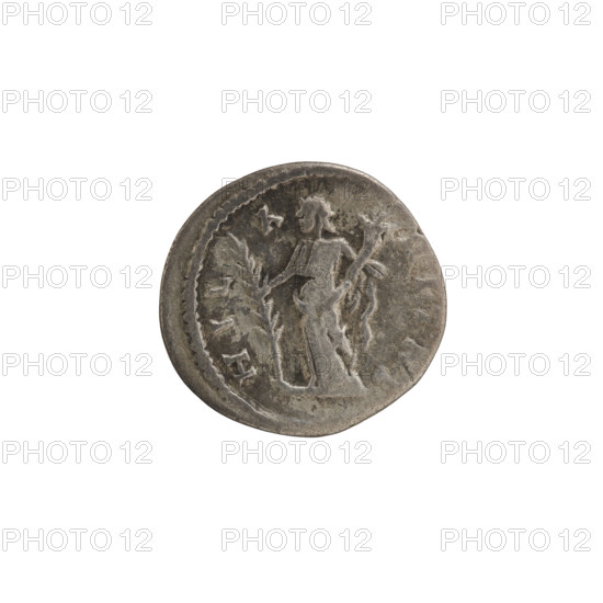 Denarius, Julia Domna (ca. 160–217; Roman empress 193–211). Obverse: IVLIA AVGVSTA — bust of Julia facing right, pearl rim. Reverse: HIL A RITAS — Hilaritas standing upright, head turned left, holding a palm leaf in her right hand resting on the ground and a cornucopia in her left, pearl rim. Date: 198–209. Roman Empire (27 BC–476). Coin: diameter 17.5–18.5 mm, weight 2.85 g.