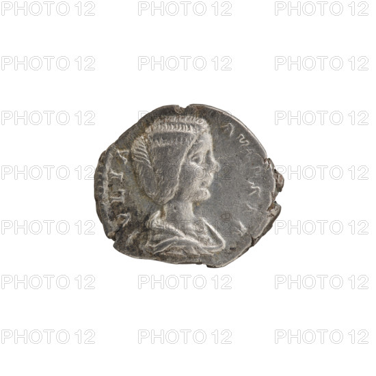 Denarius of Julia Domna (ca. 160–217; Roman empress 193–211). Obverse: IVLIA AVGVSTA — bust of Julia facing right, pearl border. Reverse: HILARITAS — Hilaritas standing left, holding a palm leaf in her right hand (resting on the ground) and a cornucopia in her left, pearl border. Date: 198–209. Roman Empire (27 BC–476). Rome. Coin. Diameter 17.5–19.5 mm; weight 2.72 g.
