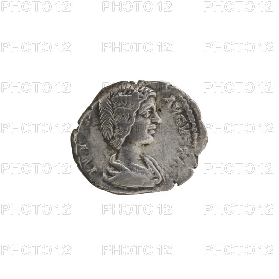 Denarius of Julia Domna (ca. 160–217), Roman empress (193–211). Obverse: IVLIA AVGVSTA — bust of Julia facing right, pearl border. Reverse: HILARITAS — Hilaritas standing left, holding a palm leaf in her right hand resting on the ground and a cornucopia in her left, pearl border. Date: 198–209, Rome, Roman Empire. Coin; diameter 19.0 mm (coin dia. 15.5 mm noted), weight 3.22 g.