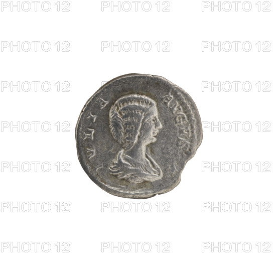 Denarius, Julia Domna (ca. 160–217; Roman empress 193–211). Obverse: IVLIA AVGVSTA, bust of Julia facing right, pearl border. Reverse: HILARITAS, Hilaritas standing left, holding a palm leaf in her right hand resting on the ground and a cornucopia in her left, pearl border. Date: 198–209. Roman Empire (27 BC–476), Rome. Coin: diameter 17.5 mm, weight 2.65 g.
