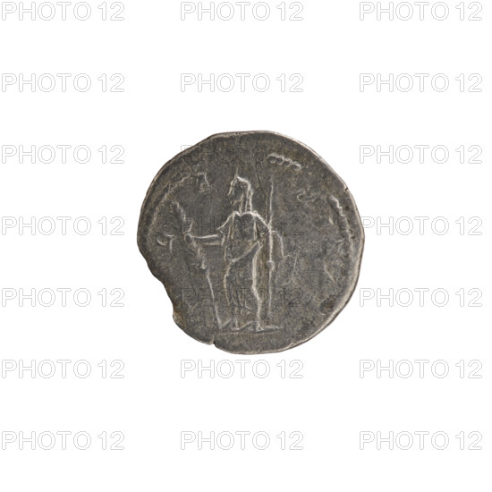 Denarius of Julia Domna (ca. 160–217), Roman empress (193–211). Roman Empire, ca. 198–209. Obverse: IVLIA AVGVSTA — bust of Julia facing right, pearl border. Reverse: HILARITAS — Hilaritas standing left, holding a palm leaf in her right hand resting on the ground and a cornucopia in her left, pearl border. Coin; diameter 17.5 mm, weight 2.65 g.