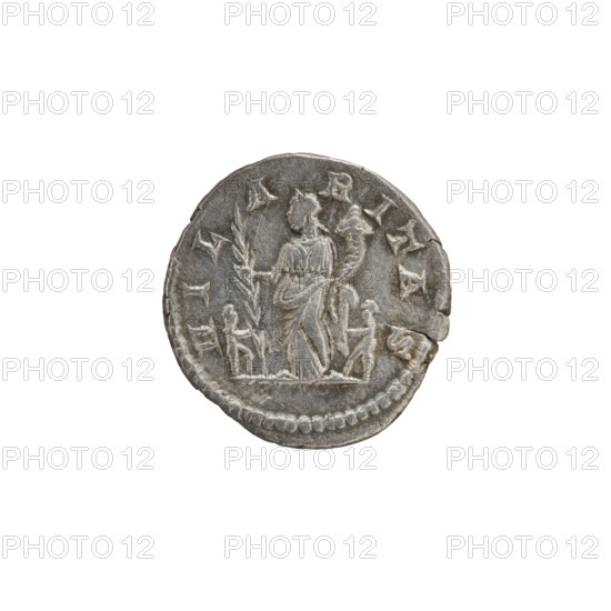 Denarius, Julia Domna (ca. 160–217; Roman empress 193–211). Obverse: IVLIA AVGVSTA, bust of Julia facing right, pearl border. Reverse: HIL A RITAS, Hilaritas stands upright, head turned left; in her right hand a palm leaf resting on the ground, in her left hand a cornucopia; on both sides small figures stretching out their hands to her, pearl border. Date: 198–209. Roman Empire (27 BC–476). Coin. Diameter: 18.0–19.0 mm. Weight: 2.93 g.