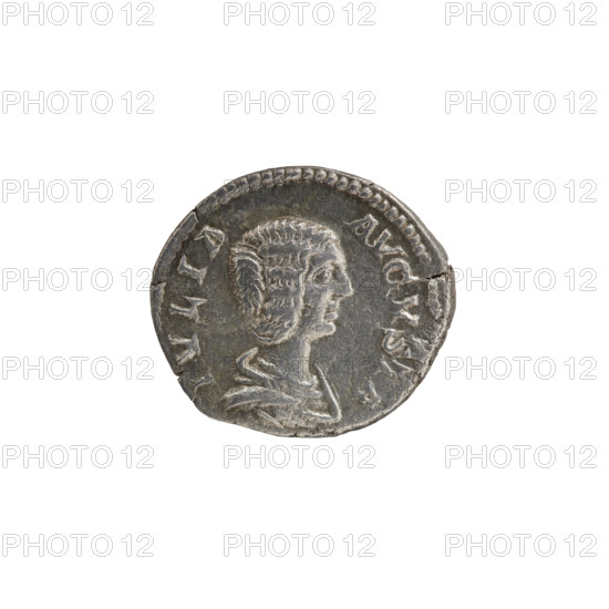 Denarius, Julia Domna (ca. 160–217; Roman empress 193–211). Roman Empire, ca. 198–209. Obverse: IVLIA AVGVSTA — bust of Julia facing right, pearl border. Reverse: HILARITAS — Hilaritas standing left, holding a palm leaf in her right hand resting on the ground and a cornucopia in her left; on both sides small naked figures stretch out their hands to her, pearl border. Iconography: Julia Domna; Hilaritas (personification) standing with palm and cornucopia. Coin. Diameter 17.0–19.5 mm; weight 3.25 g.