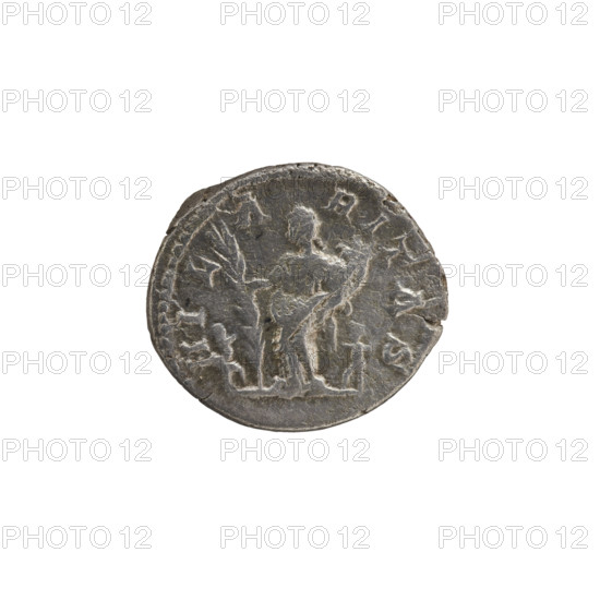 Denarius, Julia Domna (ca. 160–217; Roman empress 193–211). Obverse: IVLIA AVGVSTA — bust of Julia facing right, pearl border. Reverse: HILARITAS — Hilaritas standing left, right hand holding a palm leaf resting on the ground, left hand holding a cornucopia; on both sides small naked figures stretching out their hands to her, pearl border. Date: 198–209. Roman Empire (27 BC–476), Rome. Coin; diameters 17.0 mm and 19.5 mm; weight 3.25 g.