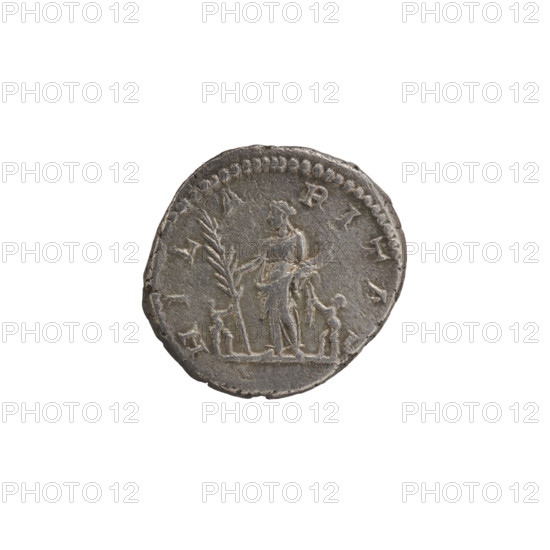 denarius, Julia Domna (ca. 160–217; Roman empress 193–211), Roman Empire, Julia Domna (Roman empress; 193–217) - iconography, Hilaritas (personification), Hilaritas standing (iconographic), Hilaritas standing with a palm and a cornucopia (iconographic). Obv.: IVLIA AVGVSTA Bust of Julia right, pearl border. Rev.: HILARITAS Hilaritas stands straight ahead, head turned left; in her right hand a palm leaf resting on the ground, in her left hand a cornucopia; on either side are small naked figures stretching out their hands to her, pearl rim. 198–209, Roman Empire (27 BC–476), Rome; coin: diameter 18.5–19.0 mm, weight 3.15 g.